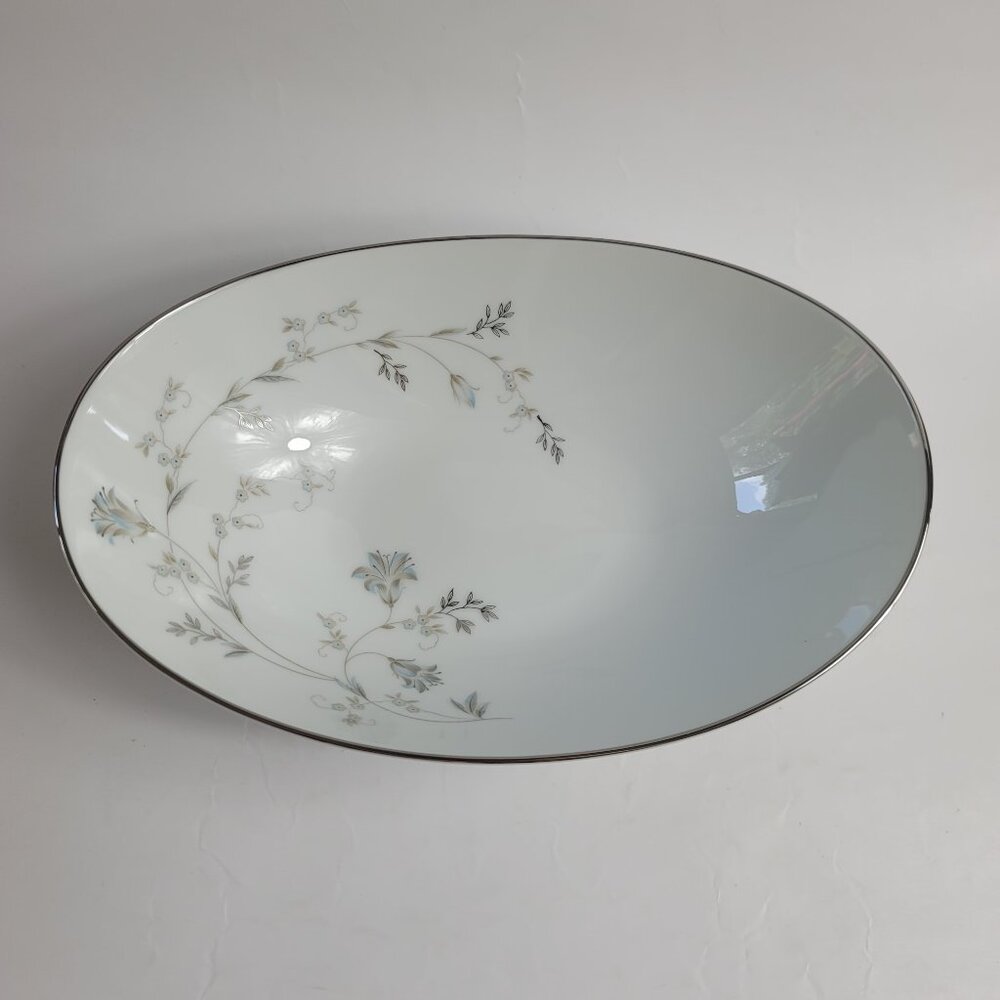 Noritake Valerie Oval Serving Bowl Blue Gray Floral Platinum Trim #5812